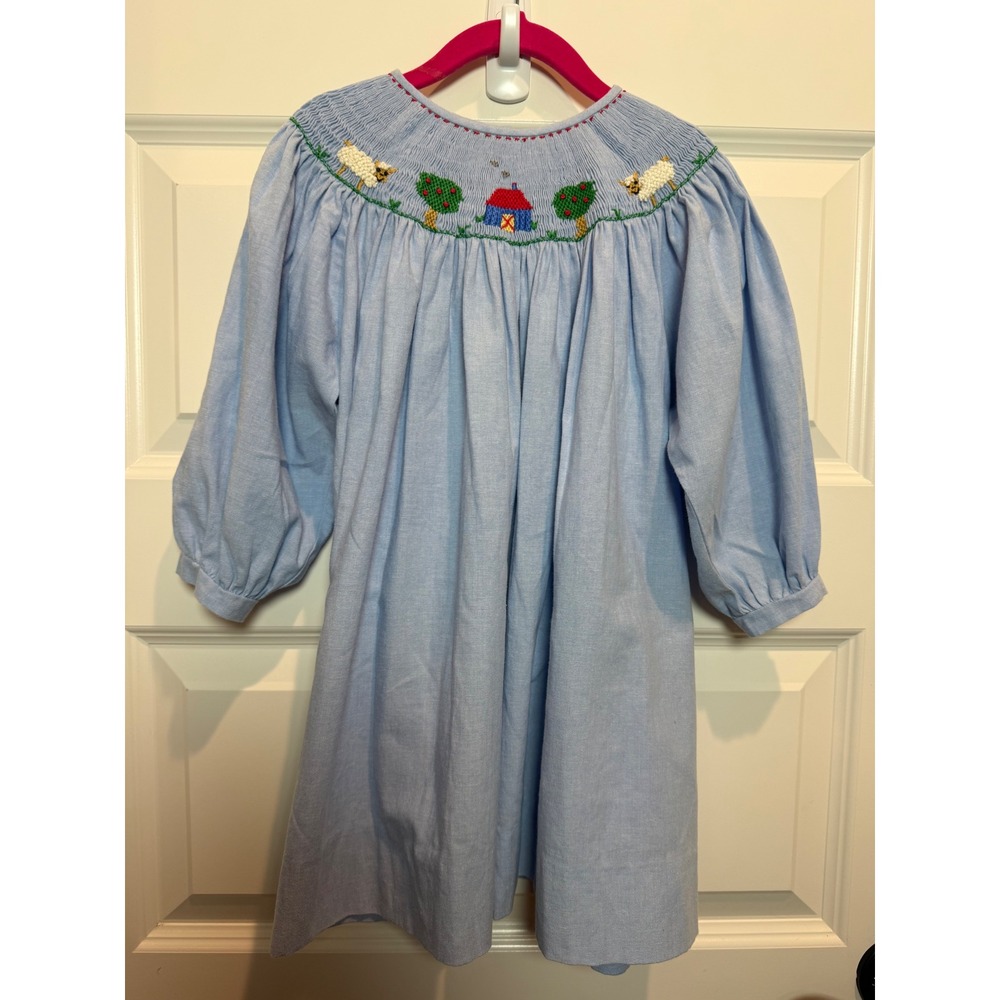 Carriage Boutiques Girls 3T Smocked Bishop Dress Blue Farm Barn Sheep Embroidery
